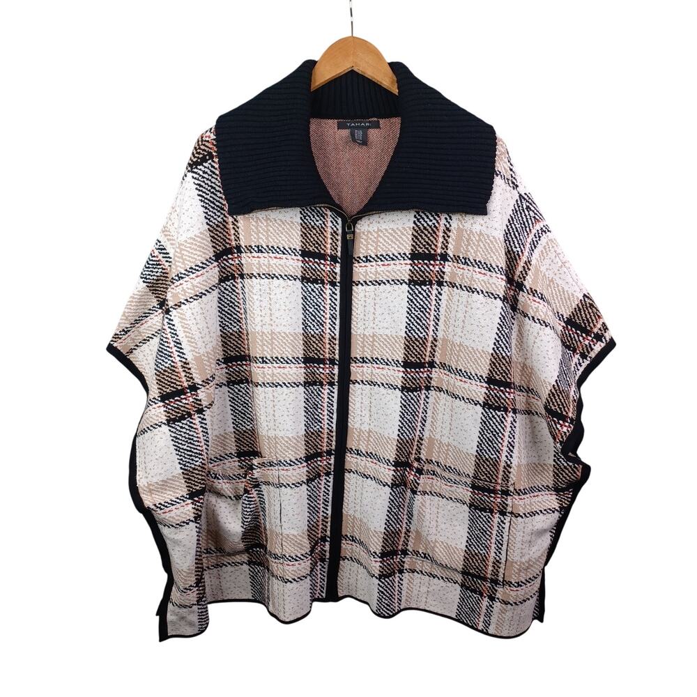 Tahari Plaidβ Poncho Full Zip Sweater Womens L/XL Cream Cardigan Cape Lagenlook